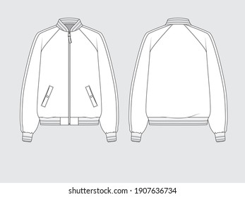 sport bomber jacket, front and back, drawing technical flat sketches of garments with vector illustration.