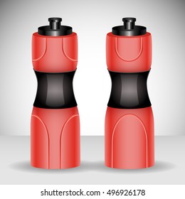 Sport bottle design. Red plastic bottle in realistic style. Bottle for water isolated on gray background.
