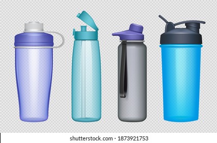 Sport bottles. Realistic fitness accessories water bottles protein decent vector mockup collection