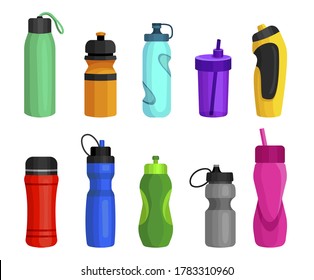 Sport bottles set to hold water, liquids, beverages. Bright refreshment container collection. Vector flat style sport bottles illustration isolated on white background