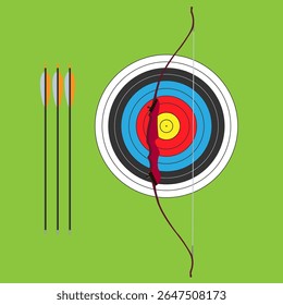 sport bow, target and arrows for archery are located on a green background