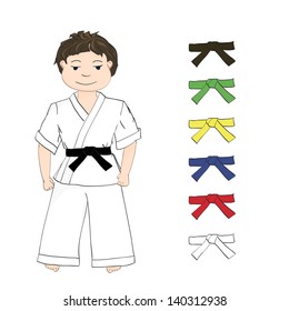 Sport boy karate and colored belts, vector.