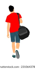 Sport boy passenger with backpack walking vector illustration isolated. Traveler man luggage on vocation, carry baggage. Tourist heavy bag cargo load on outdoor adventure trip. Male student go home.