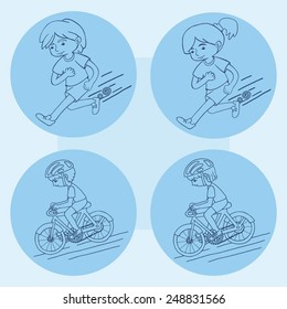 Sport boy und girl contour vector drawing. Healthy lifestyle background.