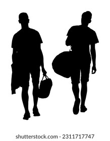 Sport boys crew passenger with backpack walking vector silhouette illustration isolated. Traveler man team luggage on vocation carry baggage. Tourist heavy bag cargo load on outdoor adventure trip.