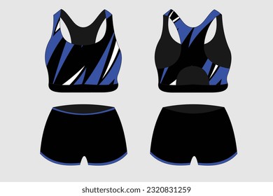 Sport Bra Apparel Specification, front and back view Basic Colors Standard Uniform black and blue template for design. Vector illustration