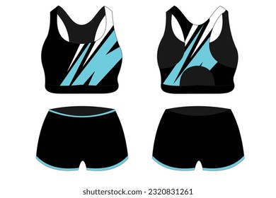 Sport Bra Apparel Specification, front and back view Basic Colors Standard Uniform black and blue template for design. Vector illustration