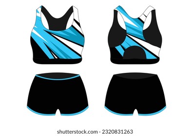 Sport Bra Apparel Specification, front and back view Basic Colors Standard Uniform black and blue template for design. Vector illustration