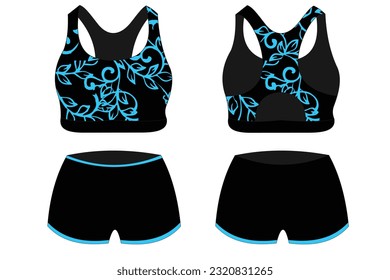 Sport Bra Apparel Specification, front and back view Basic Colors Standard Uniform black and blue template for design. Vector illustration