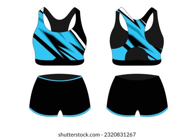 Sport Bra Apparel Specification, front and back view Basic Colors Standard Uniform black and blue template for design. Vector illustration