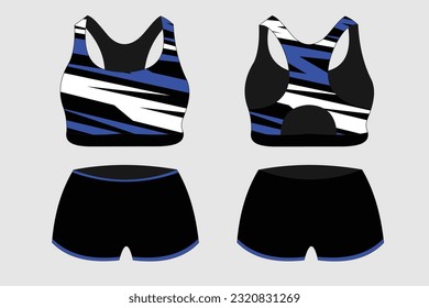 Sport Bra Apparel Specification, front and back view Basic Colors Standard Uniform black and blue template for design. Vector illustration