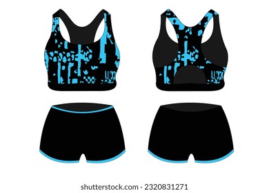 Sport Bra Apparel Specification, front and back view Basic Colors Standard Uniform black and blue template for design. Vector illustration