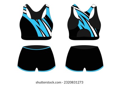 Sport Bra Apparel Specification, front and back view Basic Colors Standard Uniform black and blue template for design. Vector illustration