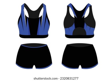 Sport Bra Apparel Specification, front and back view Basic Colors Standard Uniform black and blue template for design. Vector illustration