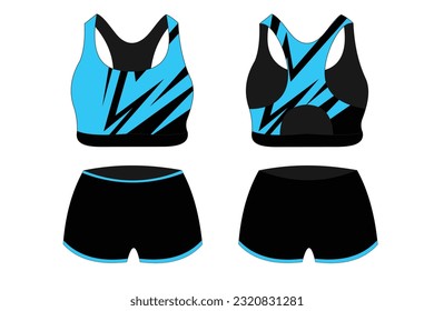 Sport Bra Apparel Specification, front and back view Basic Colors Standard Uniform black and blue template for design. Vector illustration