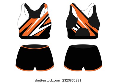 Sport Bra Apparel Specification, front and back view Basic Color Black Standard Uniform and orange template for design. Vector illustration