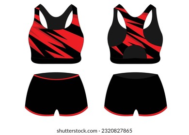 Sport Bra Apparel Specifications, front and back view Basic Colors Standard Uniform black and red template for design. Vector illustration