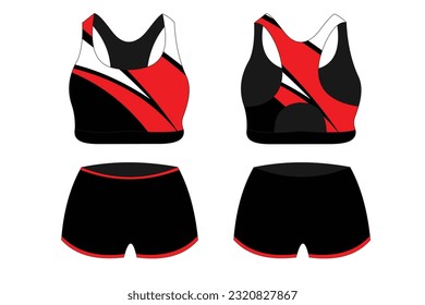 Sport Bra Apparel Specifications, front and back view Basic Colors Standard Uniform black and red template for design. Vector illustration