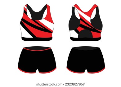 Sport Bra Apparel Specifications, front and back view Basic Colors Standard Uniform black and red template for design. Vector illustration