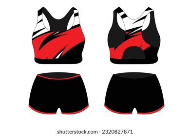 Sport Bra Apparel Specifications, front and back view Basic Colors Standard Uniform black and red template for design. Vector illustration