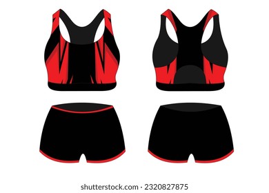 Sport Bra Apparel Specifications, front and back view Basic Colors Standard Uniform black and red template for design. Vector illustration