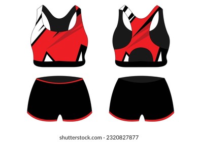 Sport Bra Apparel Specifications, front and back view Basic Colors Standard Uniform black and red template for design. Vector illustration