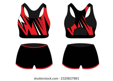 Sport Bra Apparel Specifications, front and back view Basic Colors Standard Uniform black and red template for design. Vector illustration