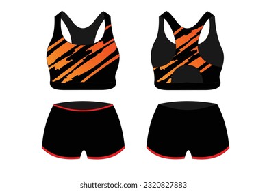 Sport Bra Apparel Specifications, front and back view Basic Colors Standard Uniform black and red template for design. Vector illustration