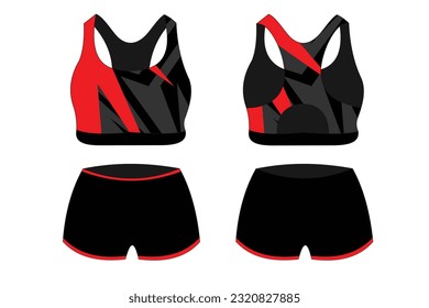 Sport Bra Apparel Specifications, front and back view Basic Colors Standard Uniform black and red template for design. Vector illustration