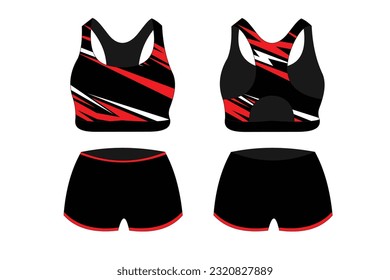 Sport Bra Apparel Specifications, front and back view Basic Colors Standard Uniform black and red template for design. Vector illustration