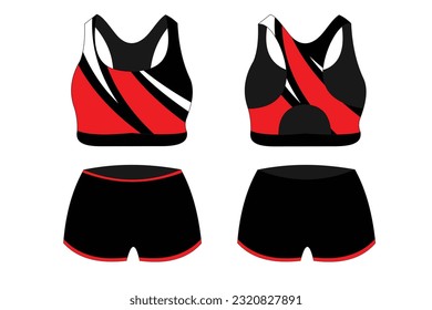 Sport Bra Apparel Specifications, front and back view Basic Colors Standard Uniform black and red template for design. Vector illustration