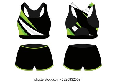 Sport Bra Apparel Specifications, front and back view Basic Colors Black Standard Uniform and green template for design. Vector illustration