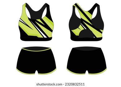 Sport Bra Apparel Specifications, front and back view Basic Colors Black Standard Uniform and green template for design. Vector illustration