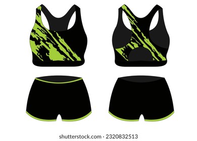 Sport Bra Apparel Specifications, front and back view Basic Colors Black Standard Uniform and green template for design. Vector illustration