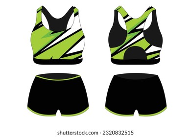 Sport Bra Apparel Specifications, front and back view Basic Colors Black Standard Uniform and green template for design. Vector illustration