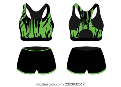 Sport Bra Apparel Specifications, front and back view Basic Colors Black Standard Uniform and green template for design. Vector illustration