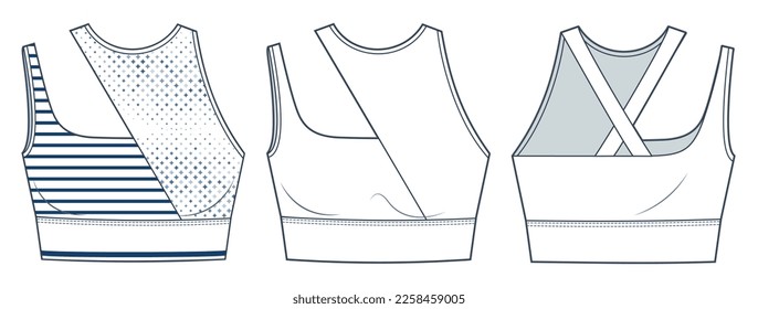 Sport Bra technical fashion illustration, fashion design. Crop Top fashion flat technical drawing template, front and back view, white, blue stripe,  women CAD mockup set.