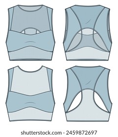 Sport Bra technical fashion illustration. Mesh Crop Top fashion flat technical drawing template, cutout, front and back view, lite blue color, women CAD mockup set.