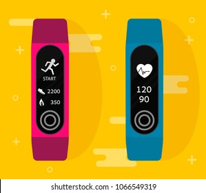 Sport bracelet. Fitness band run tracker vector illustration. Flat cartoon wristband with running activity steps counter and heartbeat pulse meter