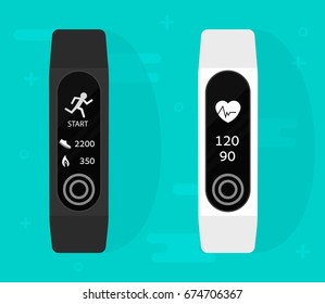 Sport bracelet. Fitness band run tracker vector illustration. Flat cartoon wristband with running activity steps counter and heartbeat pulse meter