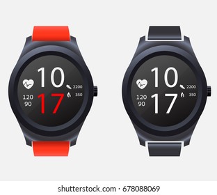 Sport bracelet. Fitness band run tracker vector illustration. Flat cartoon wristband with running activity steps counter and heartbeat pulse meter