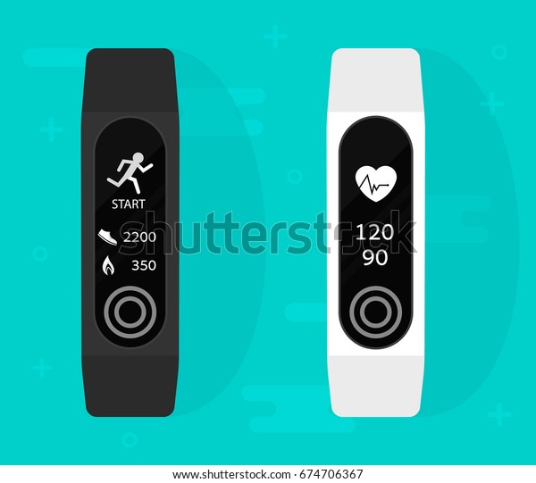 Sport bracelet. Fitness band run tracker\
vector illustration. Flat cartoon wristband with running activity\
steps counter and heartbeat pulse\
meter