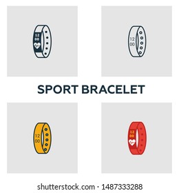 Sport Bracelet icon set. Four elements in diferent styles from visual device icons collection. Creative sport bracelet icons filled, outline, colored and flat symbols.