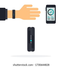 Sport bracelet with luminous indicator on person’s hand Fitness trackers vector icon flat isolated.