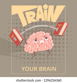 Sport Brain Poster. Cartoon Mind Making Exercises Power Training Vector Placard