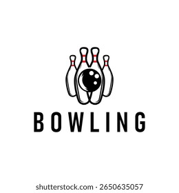 ramo de esporte com logotipo de boliche, silhueta preta minimalista simples com bola de boliche e pinos, legal como um modelo de ilustração de design vetorial