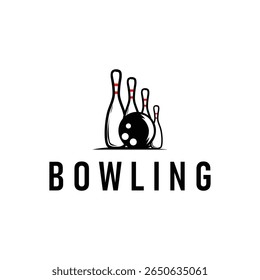 ramo de esporte com logotipo de boliche, silhueta preta minimalista simples com bola de boliche e pinos, legal como um modelo de ilustração de design vetorial