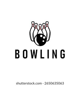 ramo de esporte com logotipo de boliche, silhueta preta minimalista simples com bola de boliche e pinos, legal como um modelo de ilustração de design vetorial