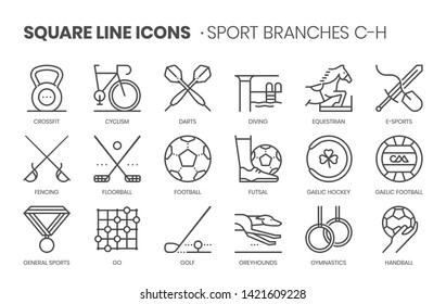 Sport branches related, pixel perfect, editable stroke, up scalable square line vector icon set. 