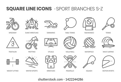 Sport branches related, pixel perfect, editable stroke, up scalable square line vector icon set. 